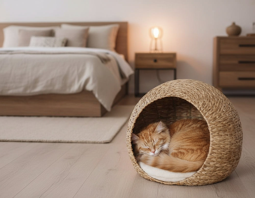 Gemütlicher Schlafplatz in einer Höhle für eine orangefarbene Katze im Schlafzimmer.