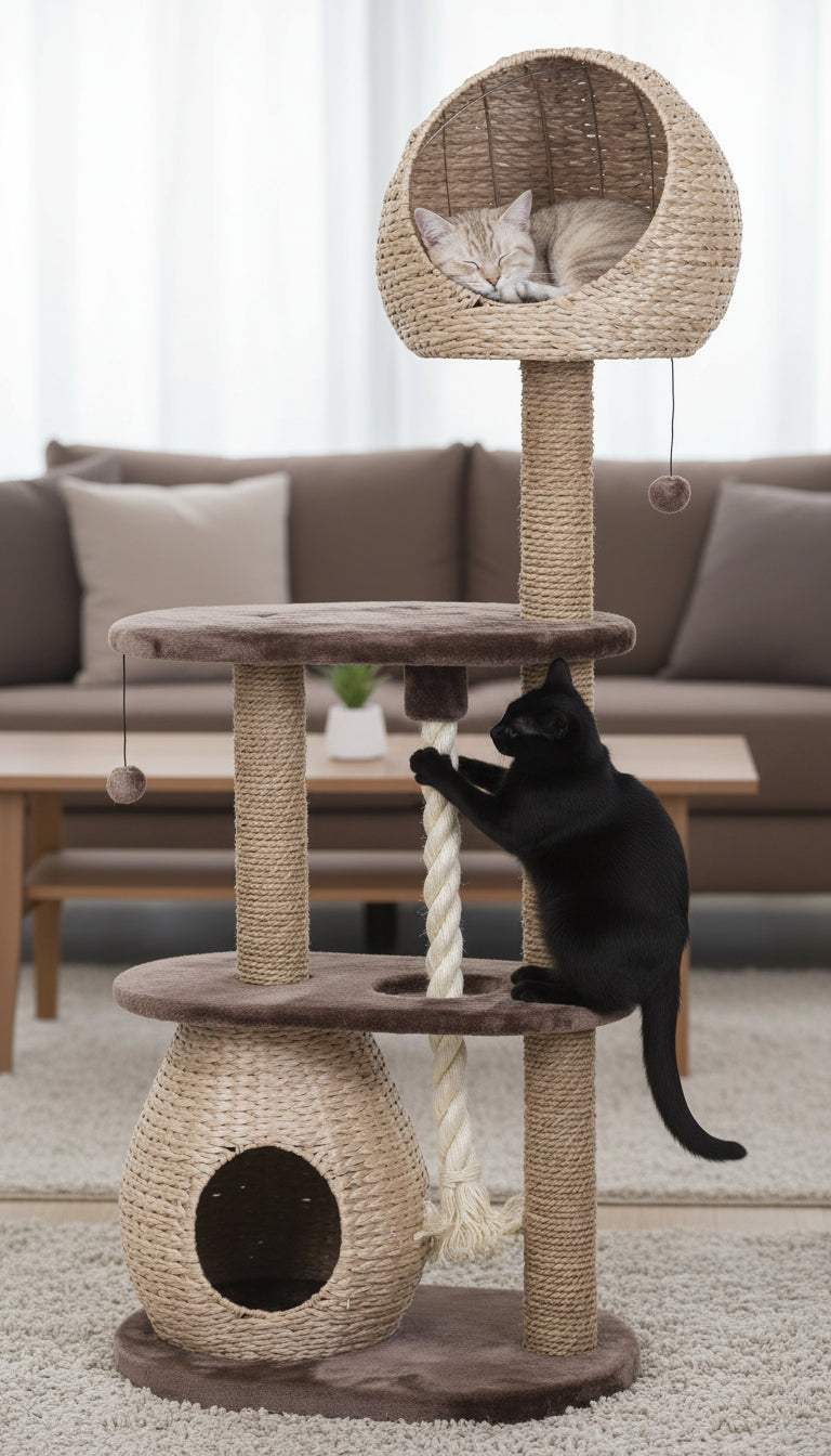 "Kratzbaum BARELI mit mehreren Ebenen und einem geflochtenen Schlafnest für Katzen, ideal zum Spielen und Ausruhen."