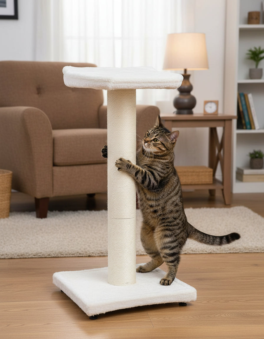 "Katzenfreundlicher Kratzbaum mit gepolsterter Plattform und sisalumwickeltem Pfosten, auf dem eine Katze hochklettert."