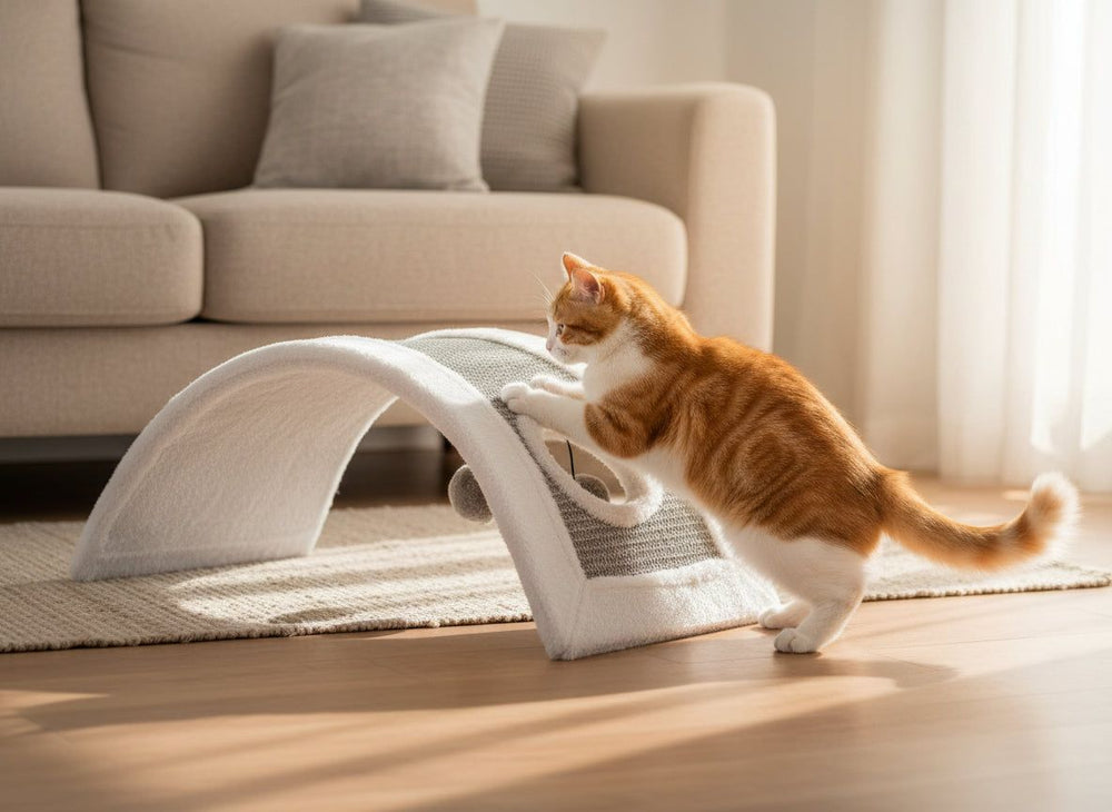 Orange-weiße Katze spielt mit einer Kugel an einem gewölbten Katzenkratzbaum in neutralen Farbtönen.