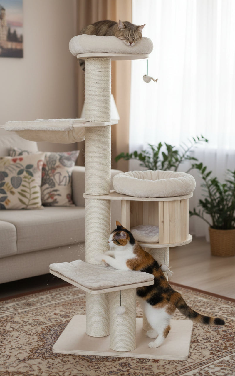 Moderne Katzenbaum ODUN im Wohnraum mit zwei spielenden Katzen auf verschiedenen Ebenen. Entspannte Katze oben auf gepolstertem Platz.