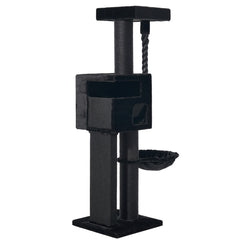 Schwarzer Kratzbaum YOAN mit mehreren Etagen, Schlafbox, Liegeplatz und hängender Schaukel – ideal für Katzen.
