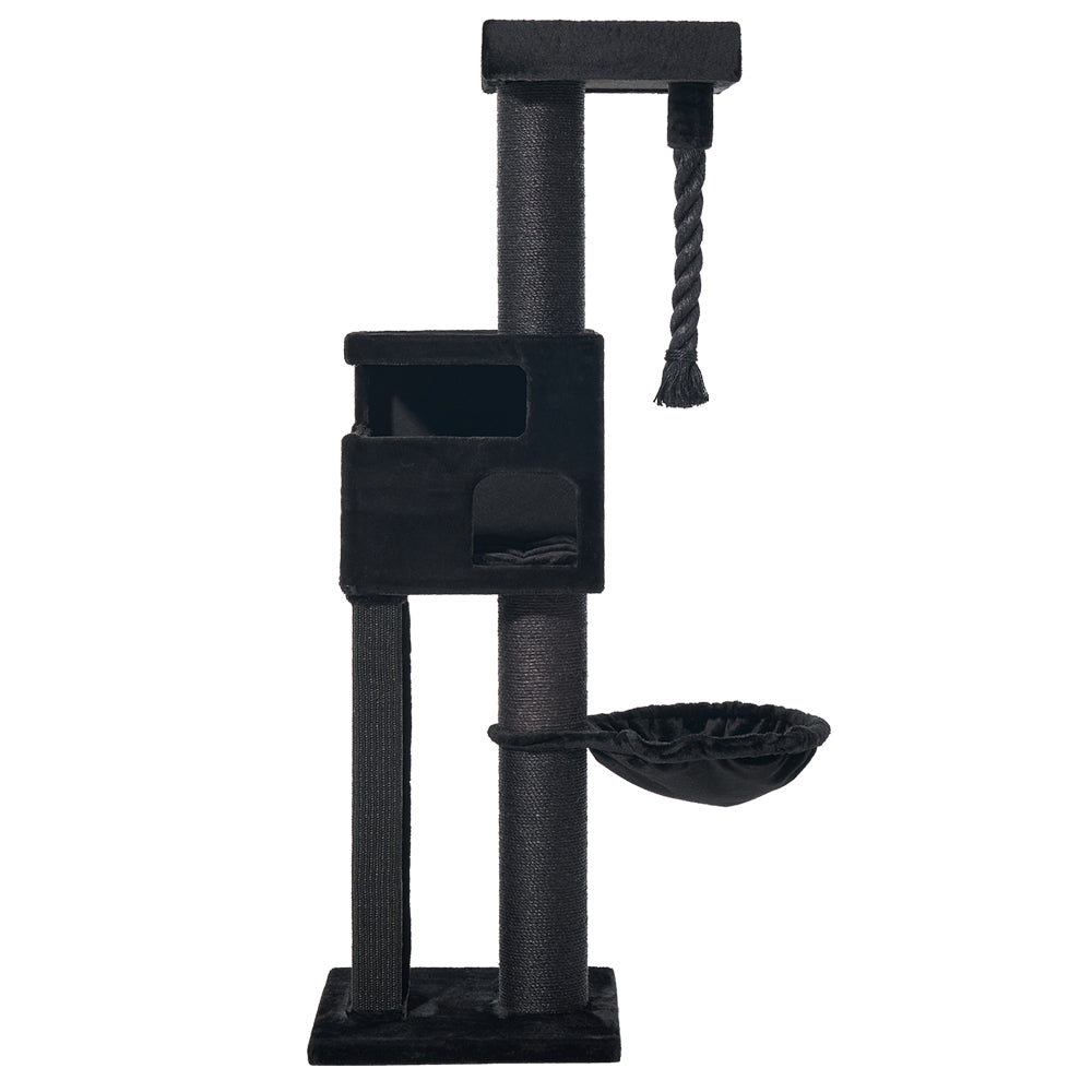 Hochwertiger schwarzer Kratzbaum YOAN für Katzen mit mehreren Ebenen, Haus und erhöhtem Schlafplatz.