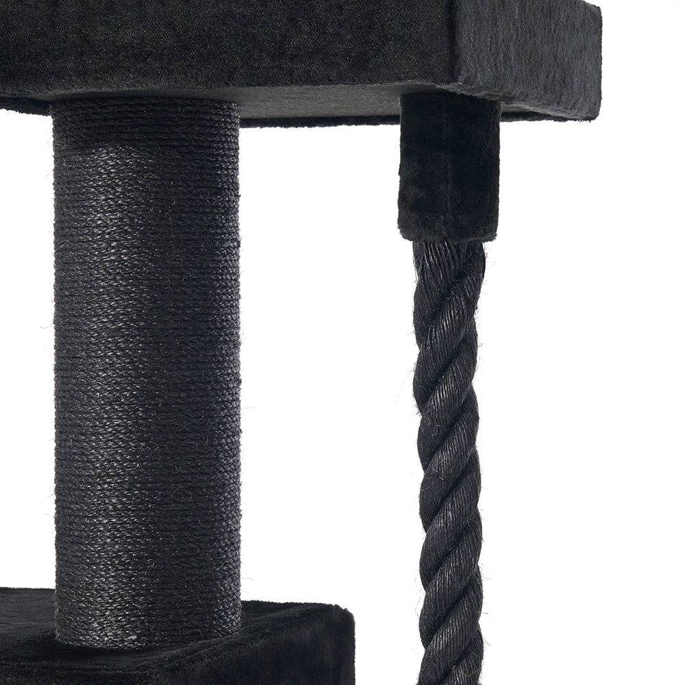Schwarzer Kratzbaum YOAN mit mehreren Ebenen und gepolstertem Platz für Katzen. Ideal zum Spielen und Entspannen.