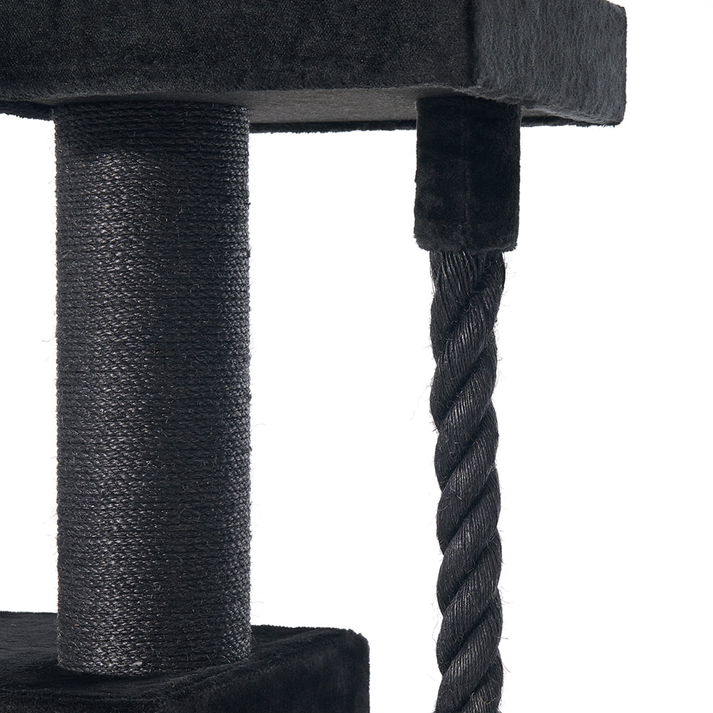 Schwarzer Kratzbaum YOAN mit mehreren Ebenen und gepolstertem Platz für Katzen. Ideal zum Spielen und Entspannen.