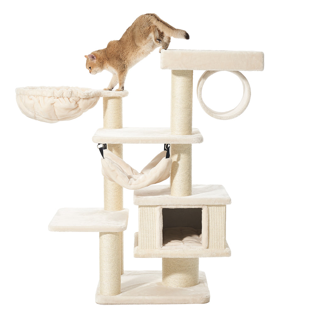 Beigefarbener Kratzbaum ELIN mit Hängematte, Höhle, Aussichtsplattform und Kratzsäulen für Katzen. Ideal zum Spielen und Entspannen.