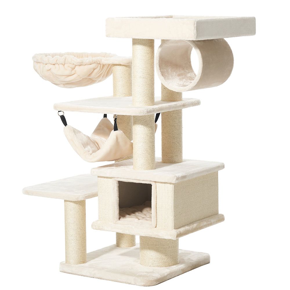 Kratzbaum ELIN in creme mit Ebenen, Höhle, Tunnel und Hängematte für glückliche Katzen. Ideal zum Spielen und Entspannen.