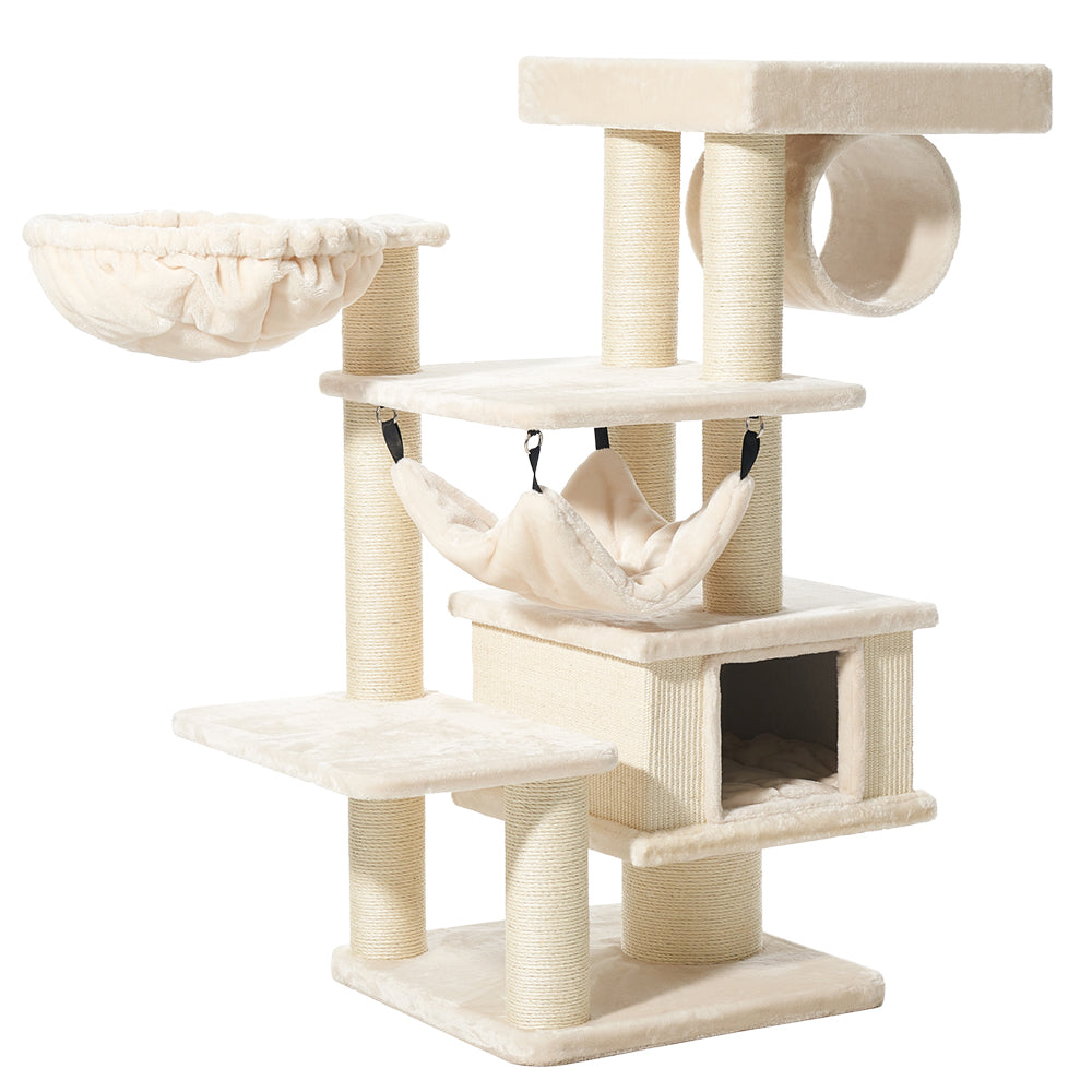 Kratzbaum ELIN in beige mit mehreren Ebenen, Hängematte und Höhle für Katzenkomfort und Spielspaß.