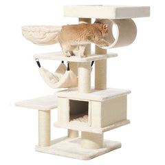 Katzenkratzbaum "ELIN" aus weichem Material mit Ebenen, Höhle, Hängematte, Tunnel und einer erkundenden Katze.