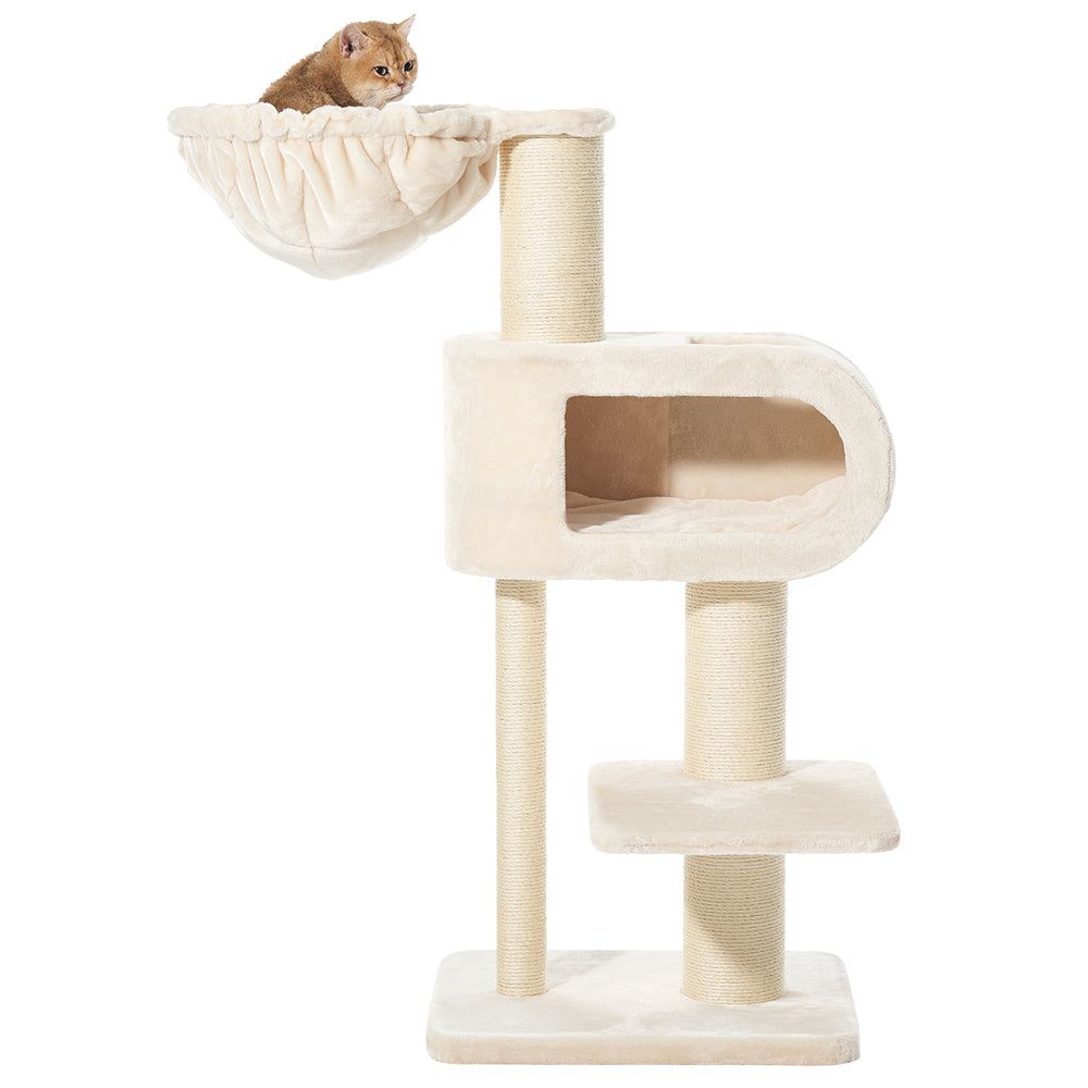 "Hellbeiger Katzenkratzbaum TOVE mit Höhle, Plattform und gepolstertem Liegebereich für optimale Entspannung und Spielspaß."