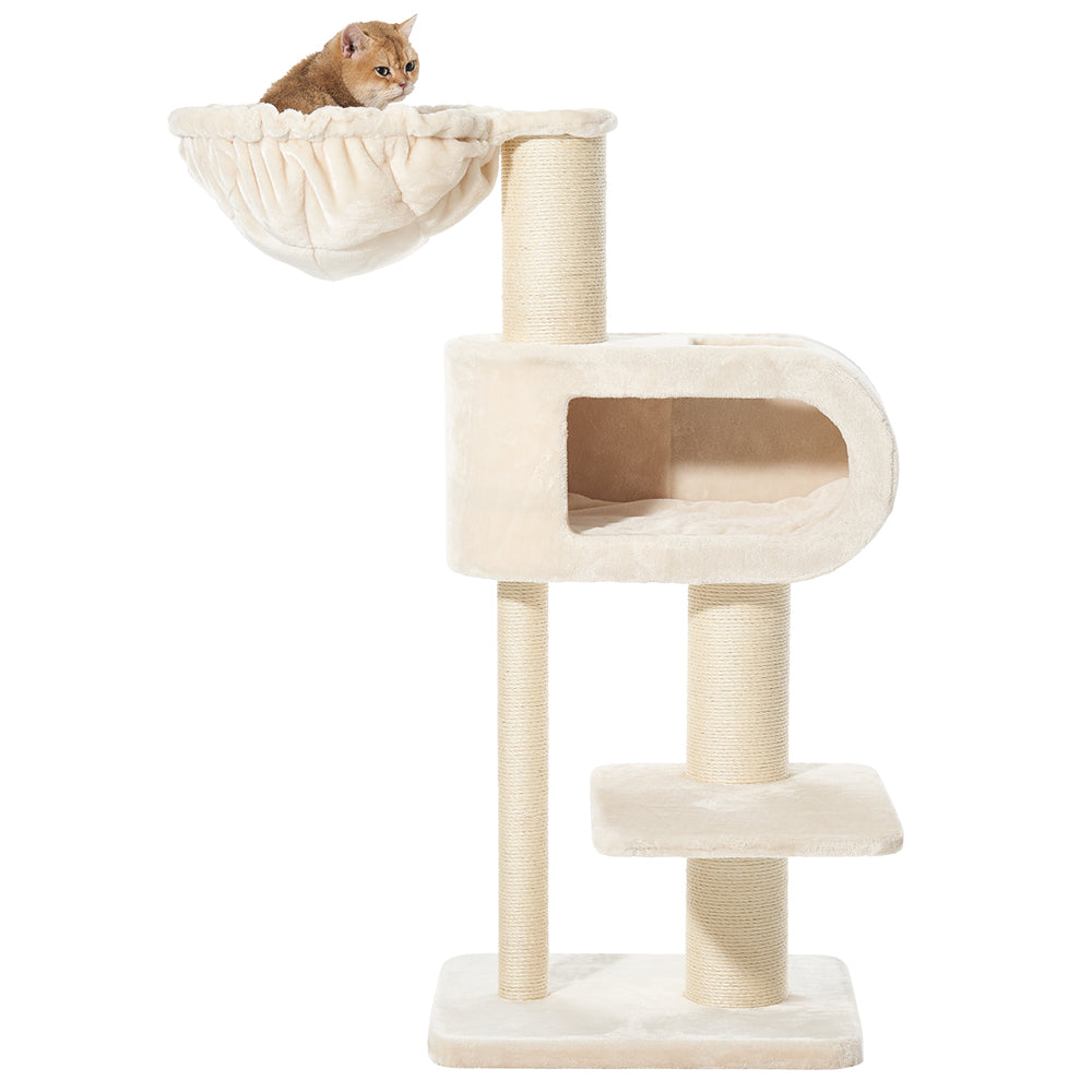 "Hellbeiger Katzenkratzbaum TOVE mit Höhle, Plattform und gepolstertem Liegebereich für optimale Entspannung und Spielspaß."