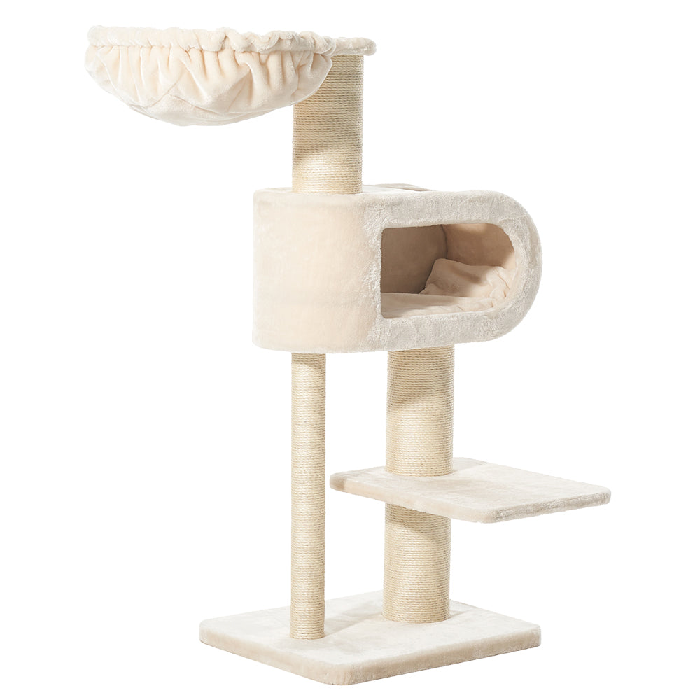 Kratzbaum TOVE in hellem Design mit mehreren Ebenen, Plattform, Höhle und gemütlicher Liegefläche für Katzen.