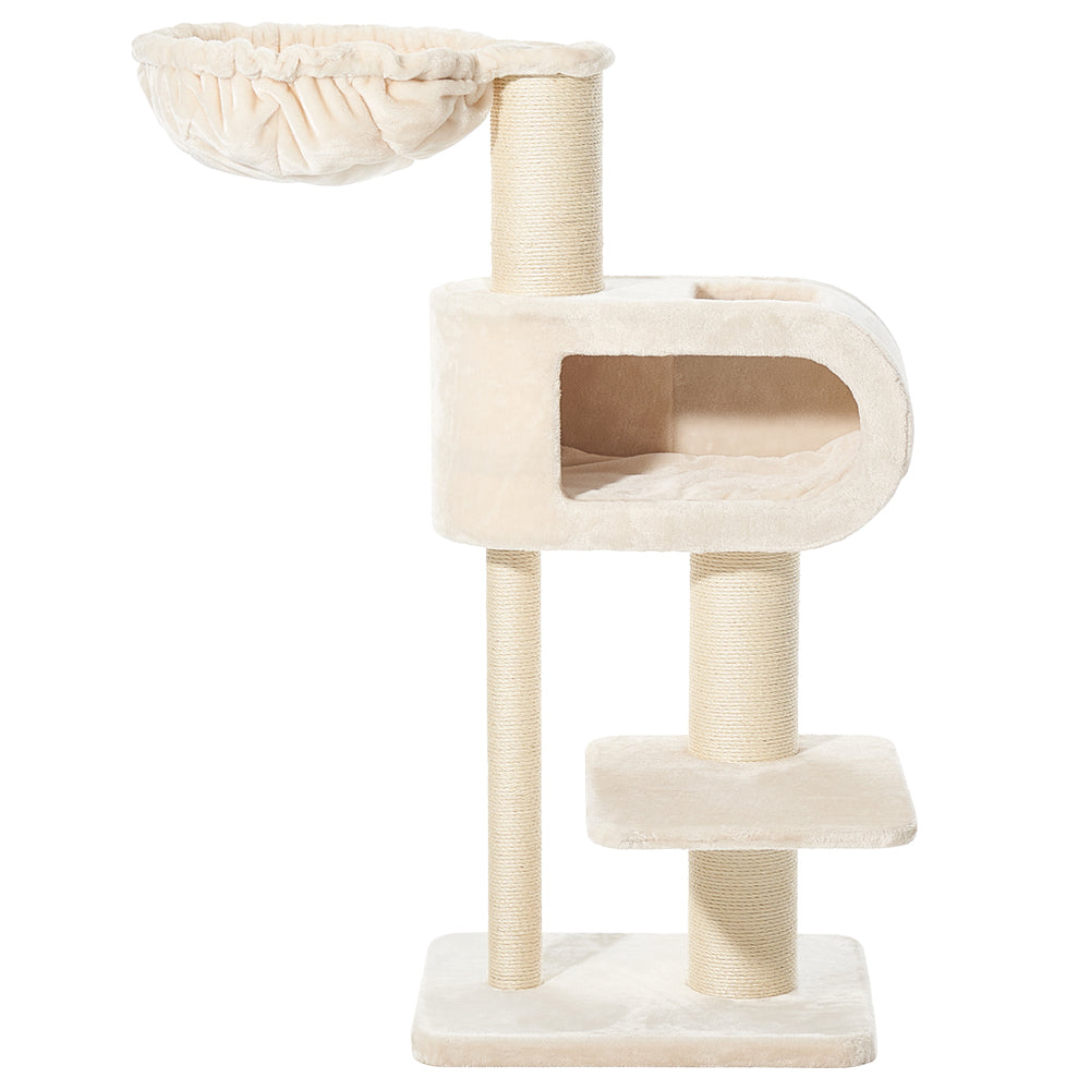 Beiger Kratzbaum TOVE mit Liegefläche, Höhle und Stufen für Katzen. Ideal zum Spielen und Entspannen.