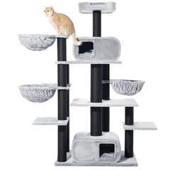 Großer Kratzbaum TODOR für Katzen mit mehreren Ebenen, Häuschen und Kratzstämmen in Schwarz, bezogen mit grauem Plüsch.