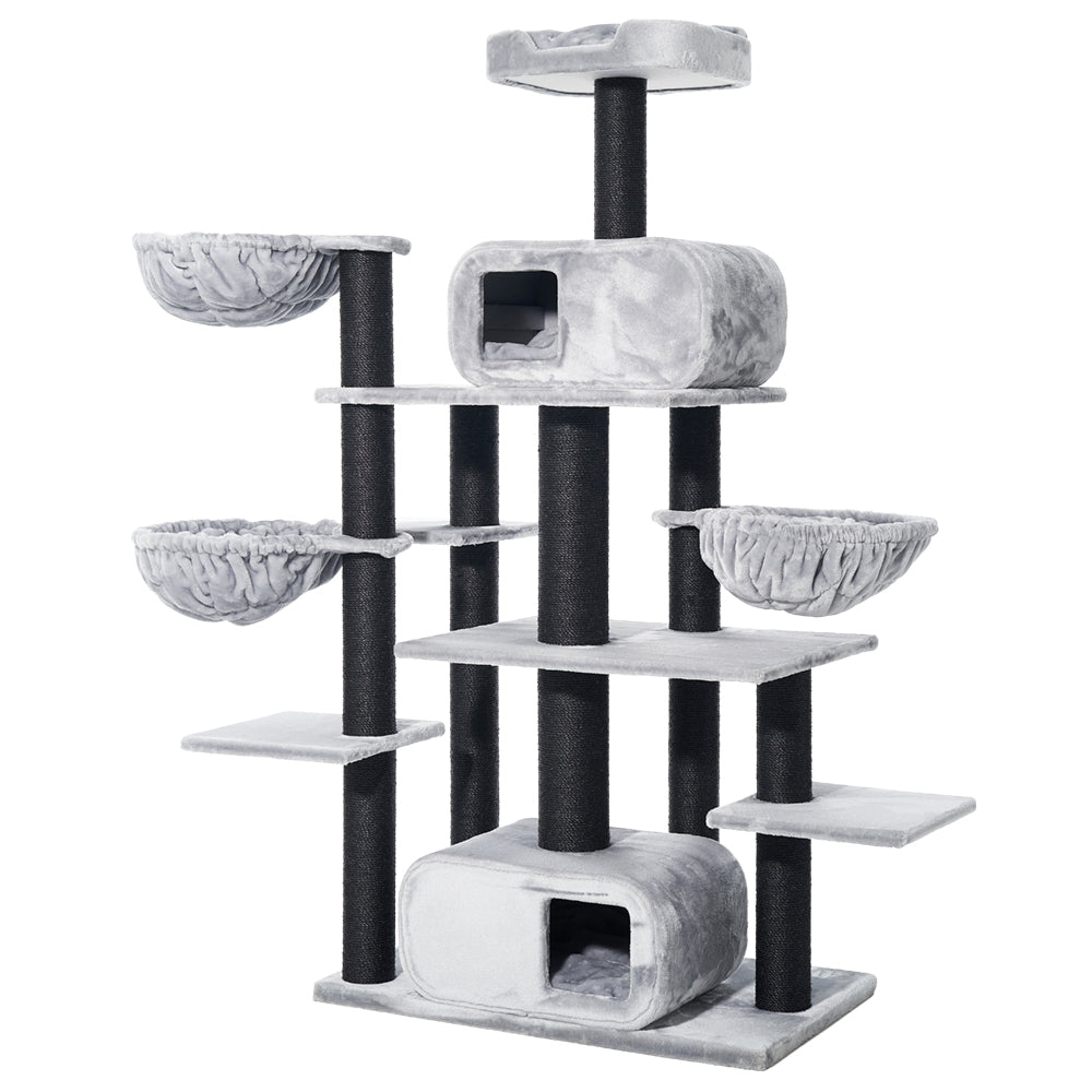 Grauer Kratzbaum TODOR mit mehreren Ebenen, Höhlen und Sisal für Katzen zum Spielen und Entspannen.