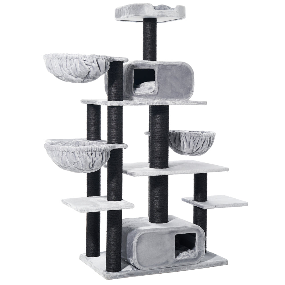 Großer grauer Kratzbaum TODOR für Katzen mit mehreren Ebenen, Hängematten, Tunnel und Sisal-stamm.