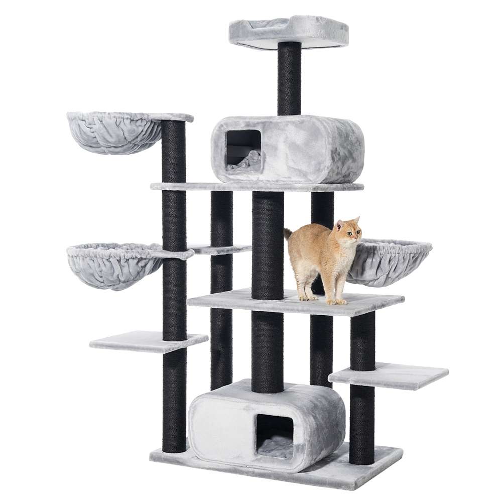 Mehrstöckiger grauer Kratzbaum "TODOR" für Katzen mit Höhlen und weichen Schlafplätzen. Ideal für Spiel und Entspannung.