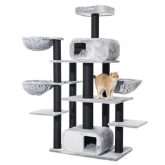Mehrstöckiger grauer Kratzbaum "TODOR" für Katzen mit Höhlen und weichen Schlafplätzen. Ideal für Spiel und Entspannung.
