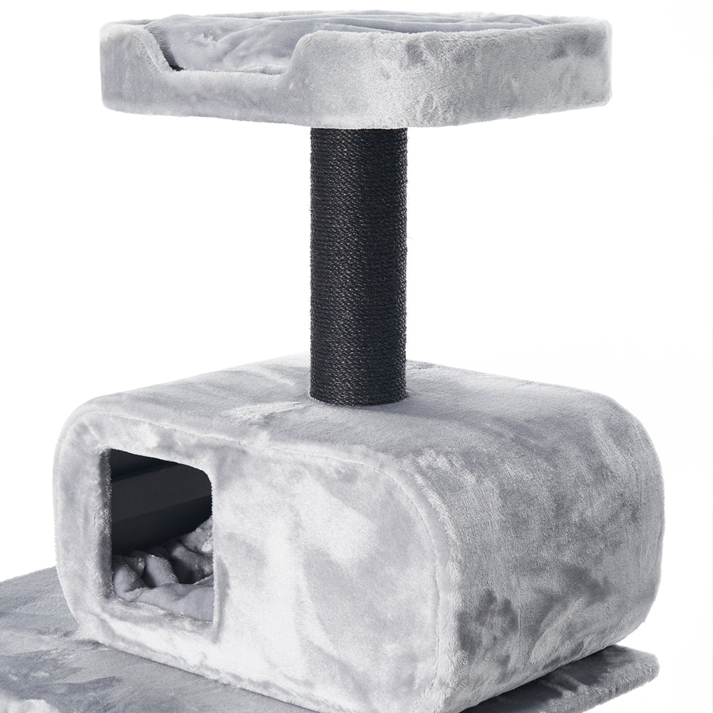 Moderner Kratzbaum TODOR in Grau mit gepolsterter Plattform und Bodenelement für Katzen. Stabil und stylisch.