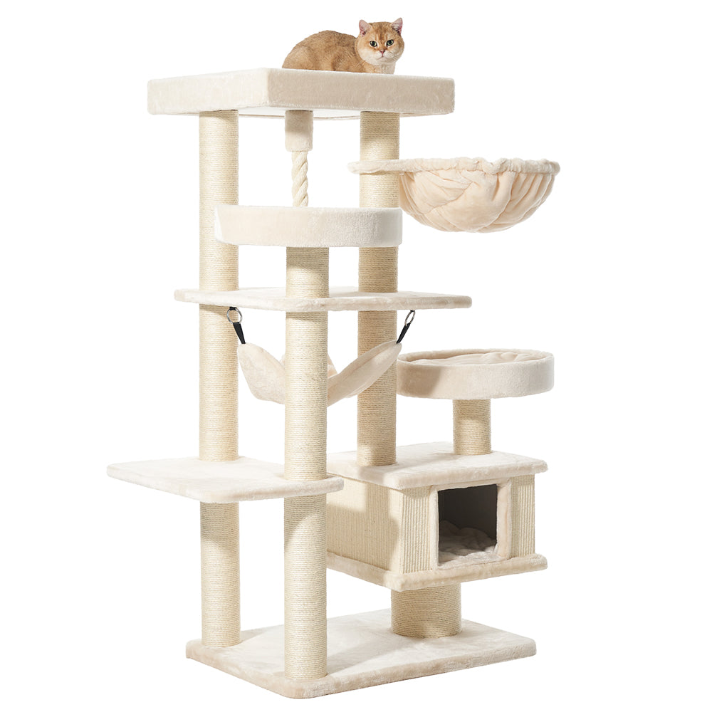 "Kratzbaum VAGO mit mehreren Ebenen, Ruheplätzen, Hängematte und Kratzflächen für Katzen."