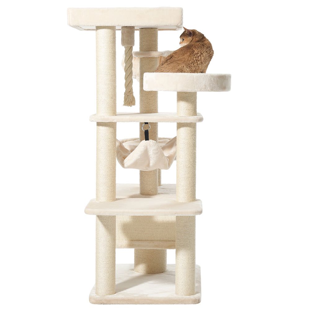 Kratzbaum VAGO mit hängender Hängematte, Liegefläche und Spielschleife, perfekt für Katzen zum Spielen und Entspannen.