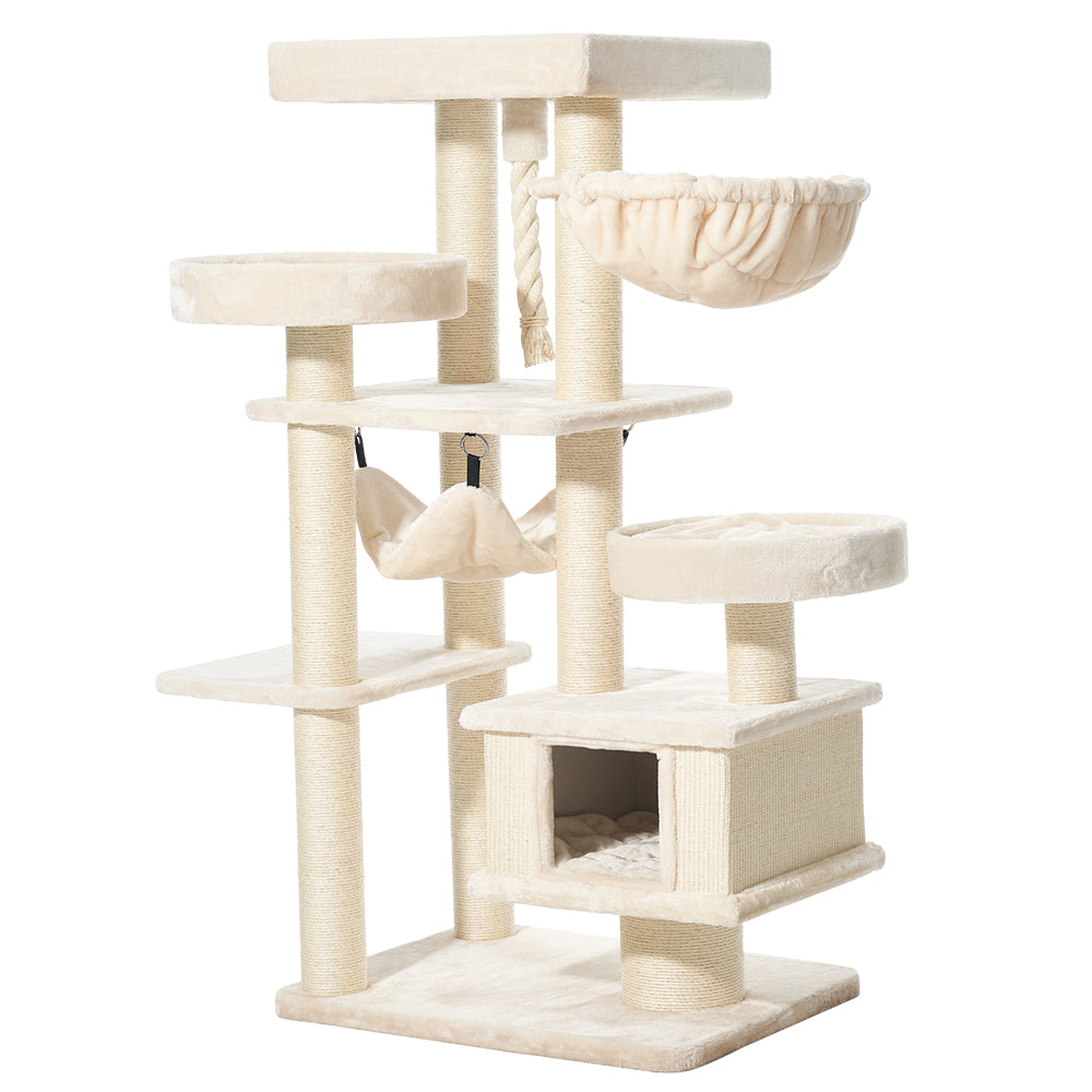 Hellbeiger Kratzbaum VAGO mit Hängematte, Höhle und mehreren Liegeflächen für Katzen, inklusive Sisalstämmen zum Kratzen.