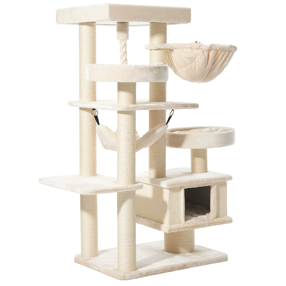 Heller Kratzbaum VAGO aus Plüsch und Sisal mit mehreren Ebenen, Hängematte und Liegemulde für Katzen. Stabil und gemütlich.