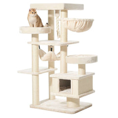 Kratzbaum "VAGO" mit mehreren Etagen, Höhle, Hängematten und Sisalstämmen, auf dem eine Katze entspannt sitzt.