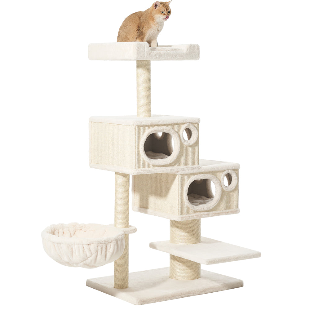 Dreistöckiger Kratzbaum BINKA in cremefarbenem Samt mit Höhlen, Aussichtsplattform und Hängematte für Katzen.