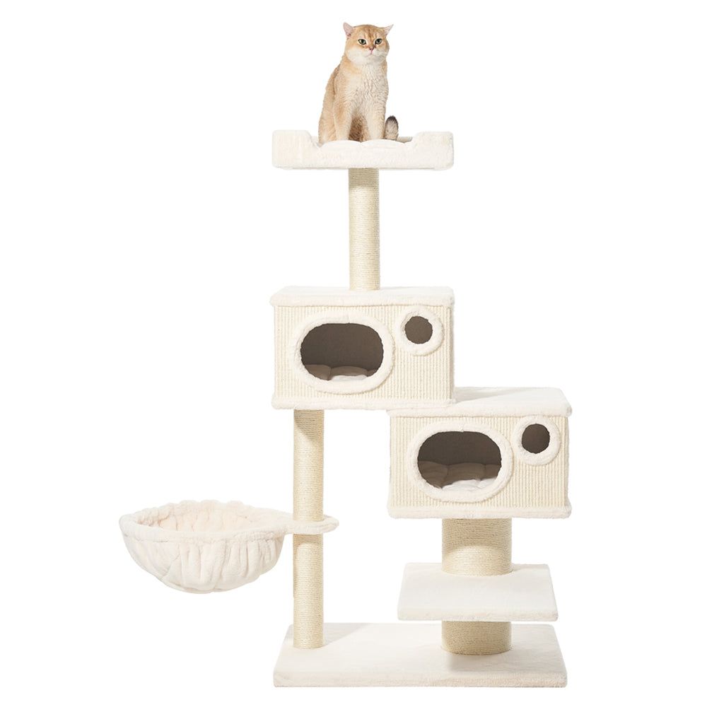 "Beiger Kratzbaum BINKA mit mehreren Ebenen, Höhlen und Plattform, ideal für Katzen zum Spielen und Entspannen."