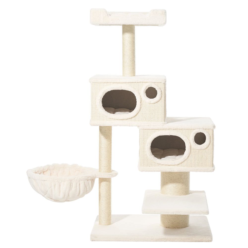 Katzenbaum BINKA in hellem Beigeton mit drei Plattformen, zwei Höhlen, Liegefläche und Hängesessel für optimale Entspannung.