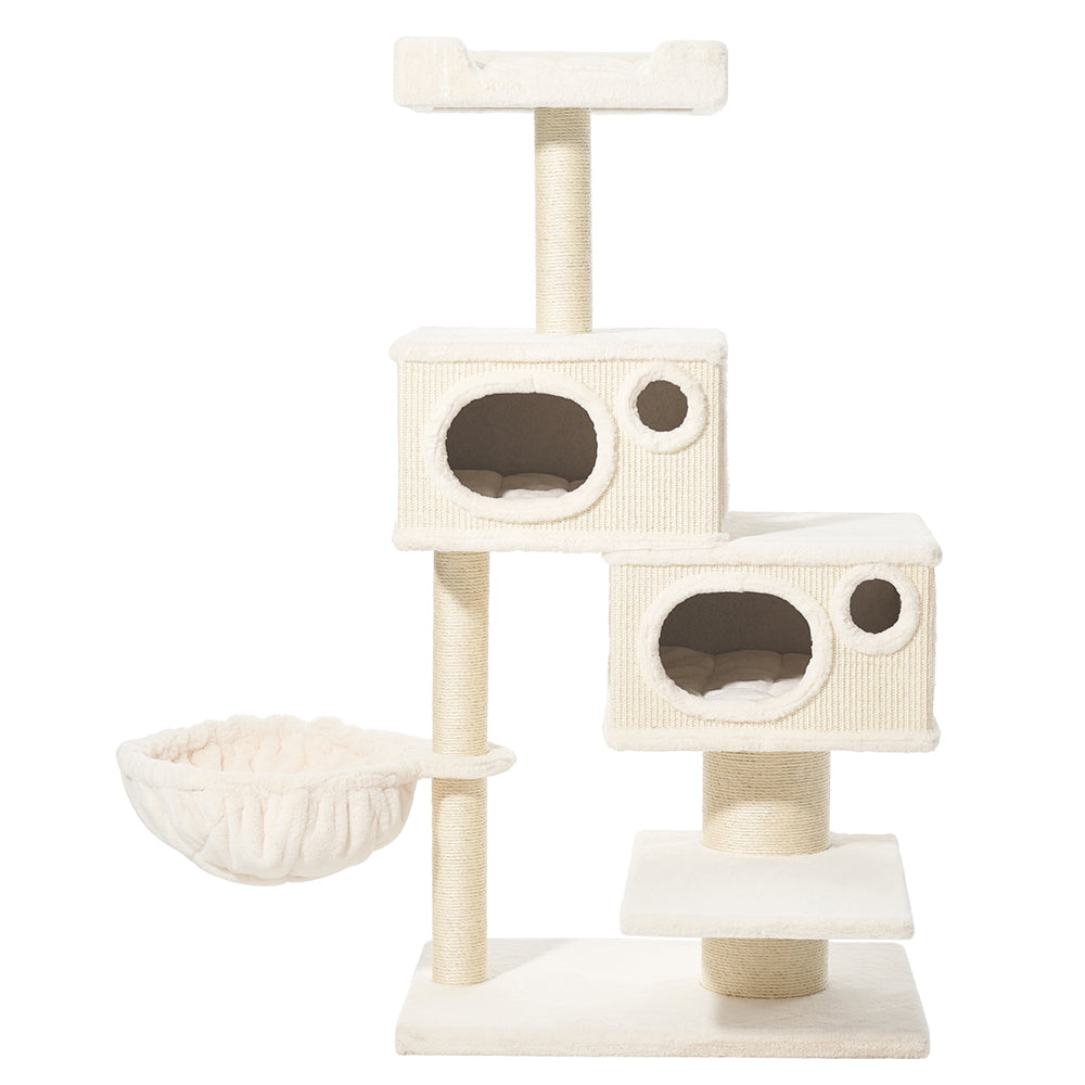 Katzenbaum BINKA in hellem Beigeton mit drei Plattformen, zwei Höhlen, Liegefläche und Hängesessel für optimale Entspannung.