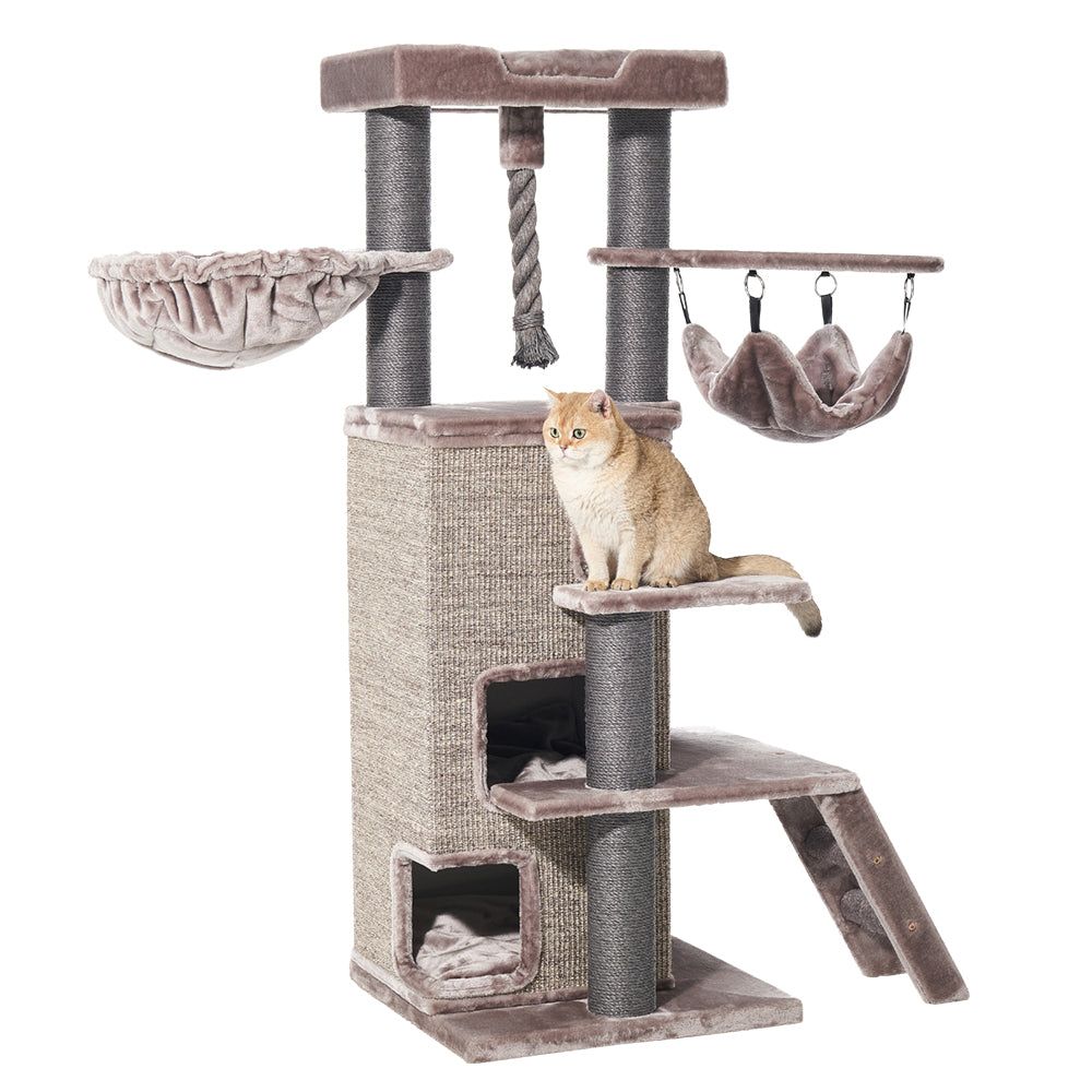 Katzenspielplatz RAYA mit mehreren Ebenen, Hängematte und Sisal zum Kratzen, ideal für entspannte und aktive Katzen.