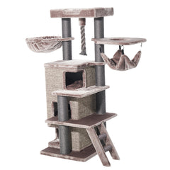 "Kratzbaum RAYA in Beige und Braun mit Hängematte, Aussichtsplattform und mehreren Ruheplätzen für Katzen."