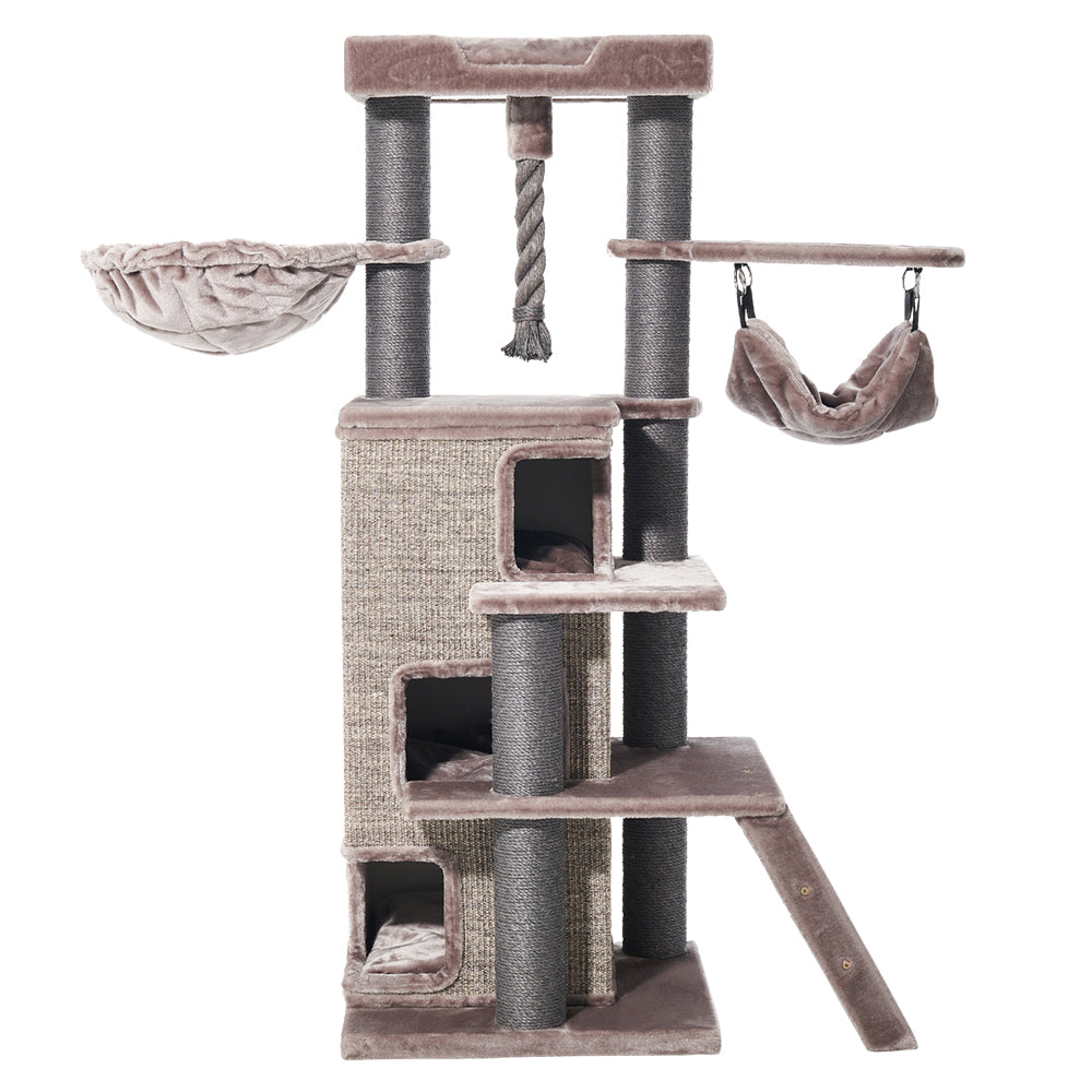 Kratzbaum RAYA mit Plattformen, Hängematte und weichem Material für Katzen, ideal zum Spielen und Entspannen.