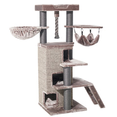 "Moderner Kratzbaum RAYA mit mehreren Ebenen, Höhle, Schlafschale und Hängematte für Katzen."