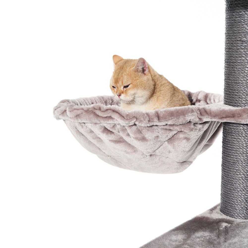 "Kratzbaum RAYA mit grauer Liegefläche und orangefarbener Katze, ideal für entspanntes Katzenliegen und Spielen."