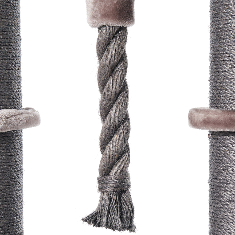 "Katzenspielzeug Kratzbaum RAYA mit Sisalsäulen und Baumwollseil in modernen Grautönen für perfekten Kletterspaß."