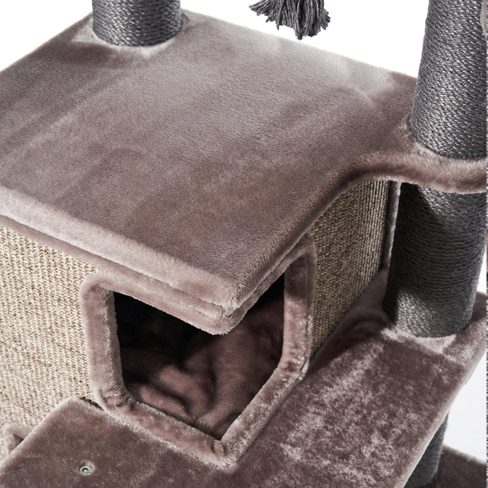 Grauer Kratzbaum RAYA mit mehreren Ebenen, gepolsterter Liegefläche und weichem Tunnel für Katzen.