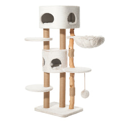 Kratzbaum LOYA in hellbeigem Design mit mehreren Etagen, Höhlen, Liegeflächen und herausnehmbarem Körbchen für Katzen.