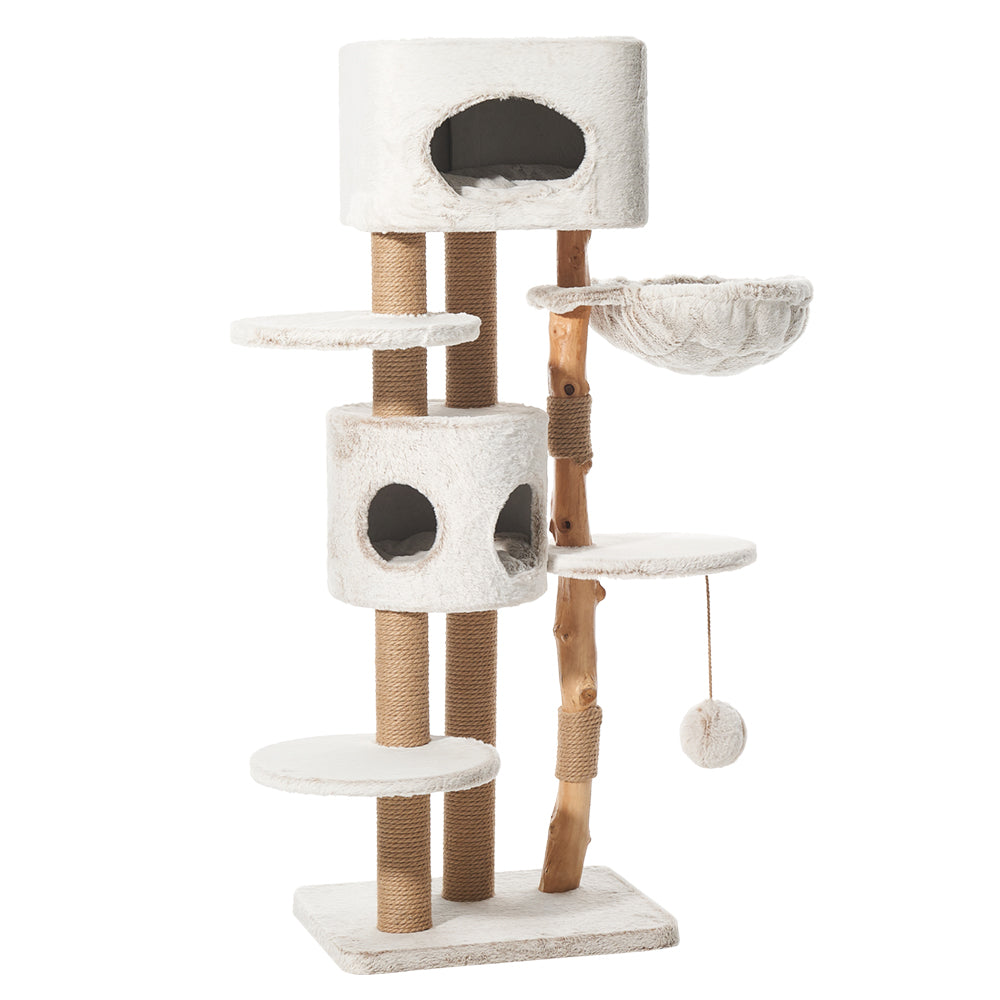 Moderner Kratzbaum LOYA für Katzen mit Plattformen, Höhlen und Spielball in hellen Farben. Ideal zum Klettern und Spielen.