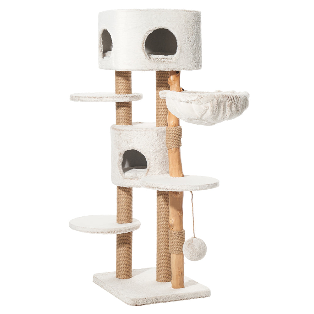 Kratzbaum LOYA in sanften Farben mit mehreren Ebenen, Höhlen, hängender Liegefläche und Sisal-umwickelten Stämmen.