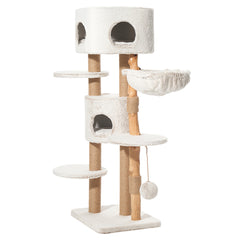 Kratzbaum LOYA in sanften Farben mit mehreren Ebenen, Höhlen, hängender Liegefläche und Sisal-umwickelten Stämmen.