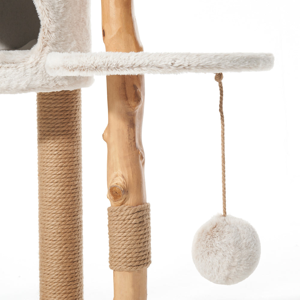 "Kratzbaum LOYA mit weicher Plüsch-Oberfläche, Spielzeugkugel und horizontalem Steg für Katzen."