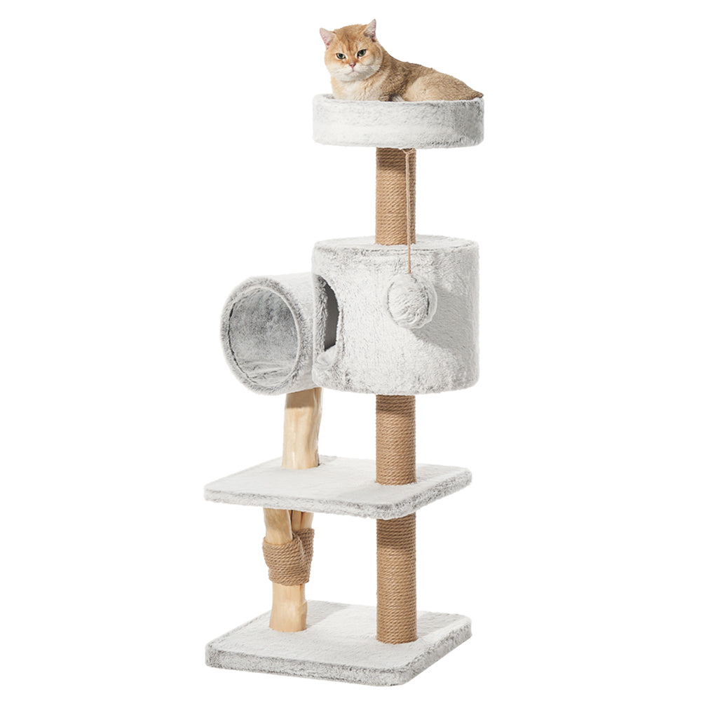 "Heller Kratzbaum RUNA mit stabiler Basis, Plattformen und Eingangsloch, ideal für Katzen zum Spielen und Entspannen."