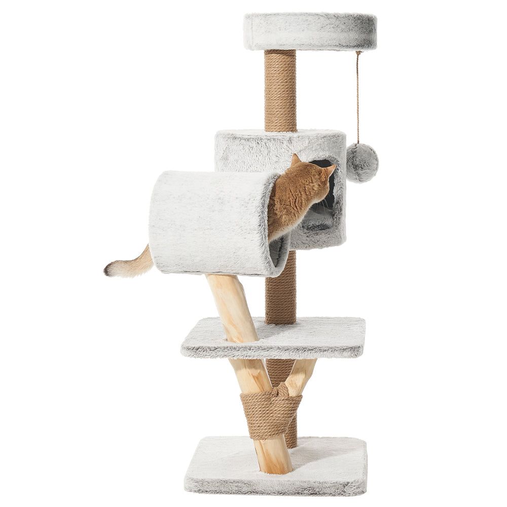Moderner Kratzbaum RUNA in Hellgrau mit Plattformen, Höhlen und Sisalsäulen für Katzen zum Spielen und Entspannen.