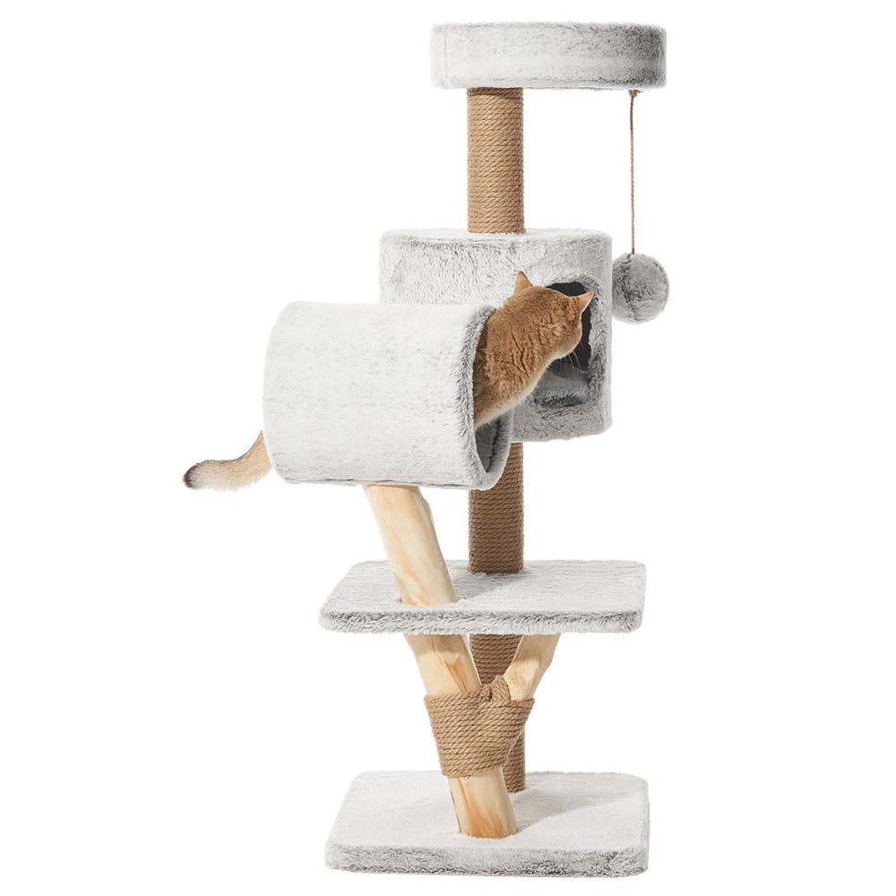 Moderner Kratzbaum RUNA in Hellgrau mit Plattformen, Höhlen und Sisalsäulen für Katzen zum Spielen und Entspannen.