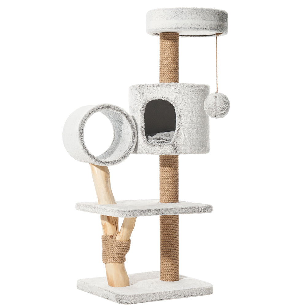 Heller grauer Kratzbaum RUNA mit mehreren Ebenen, Höhle, Tunnel, Baldachin und Spielball für Katzen.