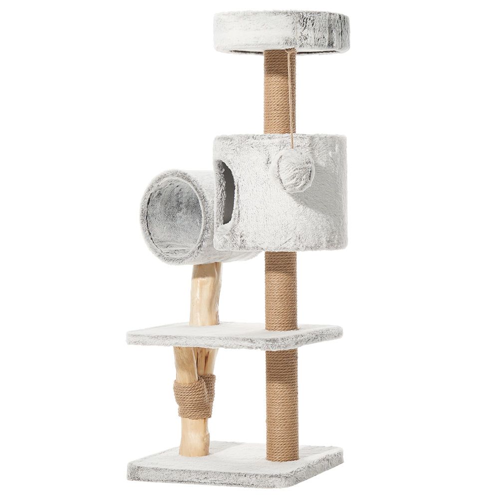 Moderner Kratzbaum RUNA mit mehreren Ebenen, runder Höhle, Spielzeugkugel und Sisalflächen für Katzen.
