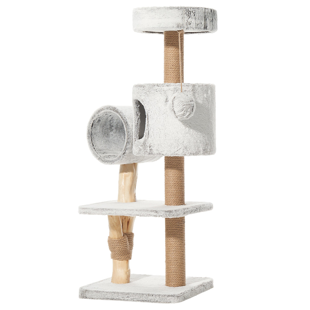 Moderner Kratzbaum RUNA mit mehreren Ebenen, runder Höhle, Spielzeugkugel und Sisalflächen für Katzen.